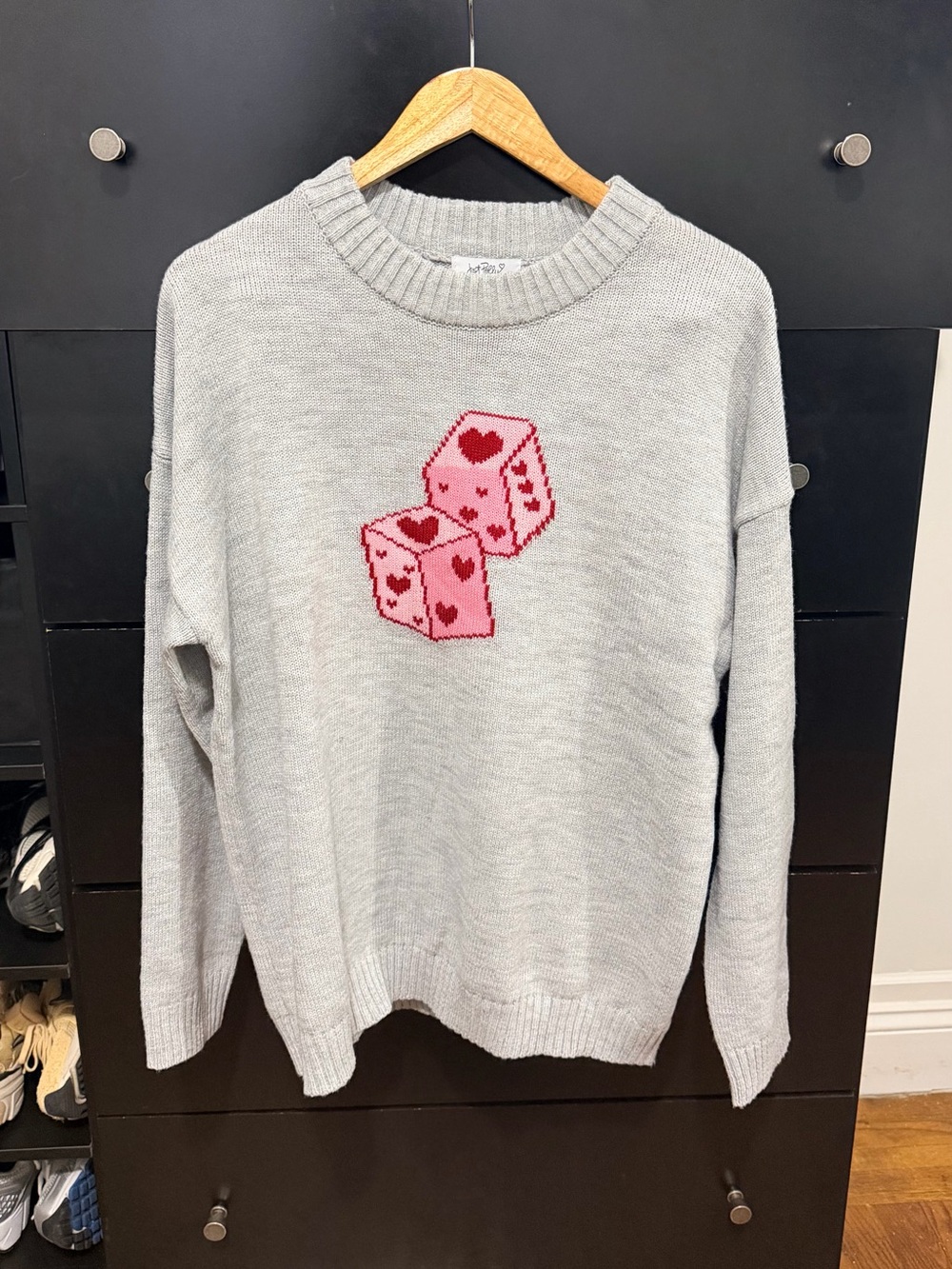 Gray Crewneck Sweater with Pink Heart Dice Motif